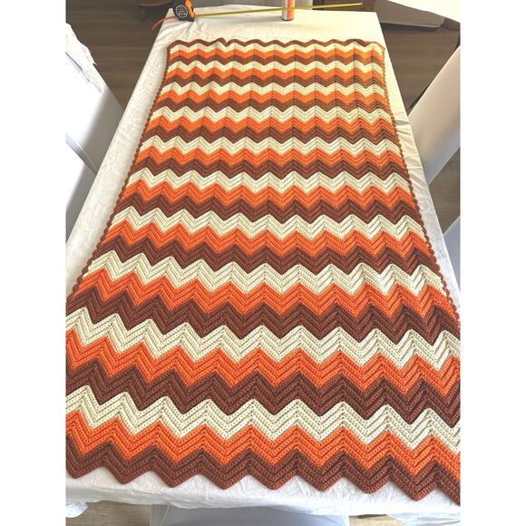 Handmade Zigzag Crochet Afghan Orange and Cream Blanket - Picture 2 of 5